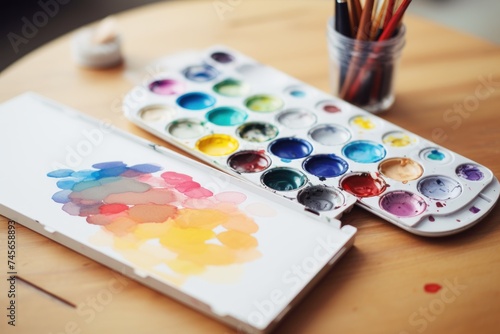 Artistic watercolor paint set with brushes on canvas