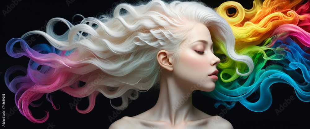 Portrait of an albino girl with colorful hair