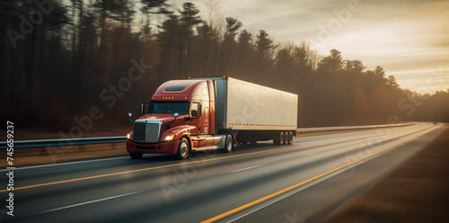 Red semi truck speeding on highway at sunset