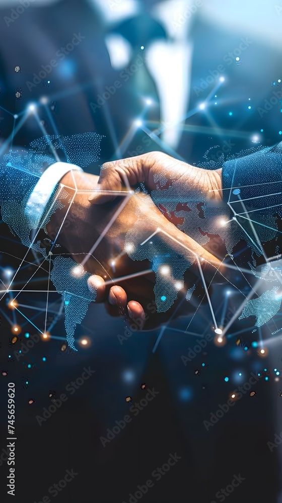 © Lucky Ai - business man handshake with effect global world map network link connection and graph chart of stock market graphic diagram, digital technology, internet communication, teamwork, partnership concept © Lucky Ai - business man handshake with effect global world map network link connection and graph chart of stock market graphic diagram, digital technology, internet communication, teamwork, partnership concept