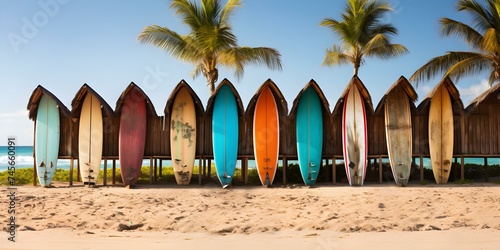 Vibrant surfboards lined up by rustic beach shack under sunny skies. Concept Beach Vibes, Surfing Culture, Sunny Day, Colorful Surfboards, Rustic Beach Shack