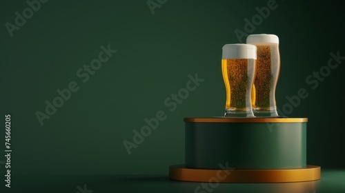 A glass of beer on a podium on a green background. Yellow liquid with bubbles and foam in a glass. photo