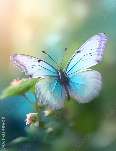 Beauty in nature. Tranquil closeup of butterfly, soft morning sunlight pastel colors. Peaceful bright blue green blur lush foliage. Sunset abstract macro spring nature amazing artistic natural Generat © Jaon