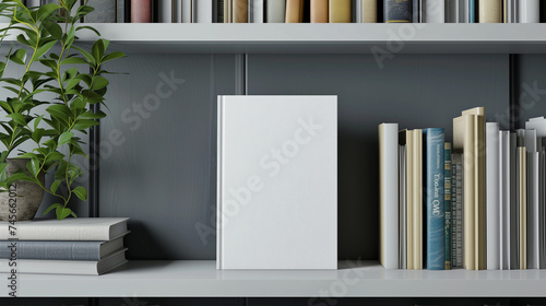 Bookshelf and Empty White Book with Blank Cover. Book presentation template.