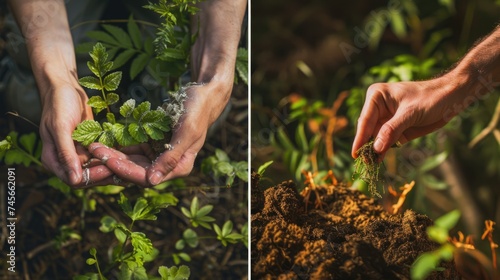  Close-up of hands planting a young tree in fertile soil, relationship between humans and nature, people in close interaction with nature, such as growing plants, touching natural materials, 