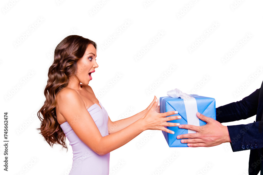 Profile side view of glad nice attractive cute gorgeous cheerful bright vivid shiny stylish wavy-haired girl in cocktail dress, receiving gift, isolated over pink background Profile side view of glad nice attractive cute gorgeous cheerful bright vivid shiny stylish wavy-haired girl in cocktail dress, receiving gift, isolated over pink background