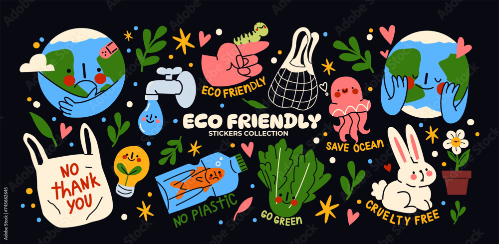 Cartoon eco stickers in retro groovy style. Ecology, organic products, natural product, vegan, bio, environmental protection. Vector set elements