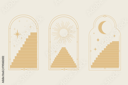 Set arch window line frame celestial, mystic with staircase, astrology symbols moon and sun, line border, minimal tattoo isolated. Esoteric spiritual icon.