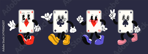 Playing cards characters. Deck of playing cards for poker and casino. Groovy mascot with gloved hands. Gambling bright vector poster