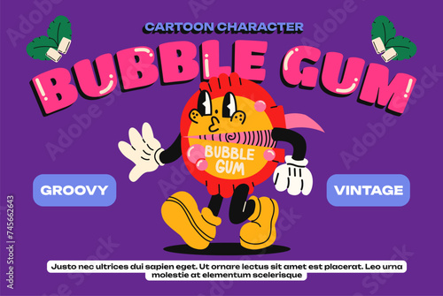 Cartoon character chewing gum. Bubble gum mint candy in a package with gloved hands. Bright poster in retro 90s style. Mint stripe in doodle funky groovy style.