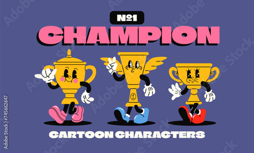 Cartoon characters gold cups prizes, winner award in retro 90s style. Vintage trophies, first place award. Competition ceremony, awarding the winner of the competition	