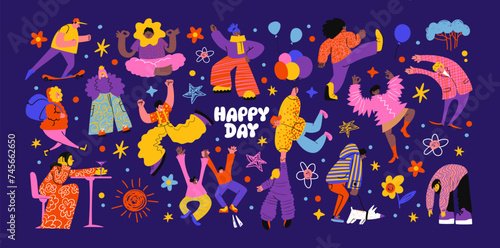 Cartoon stickers of happy characters. Vector retro groovy pattern, people drink coffee, dance, run, play sports. Happy life concept, sunny joyful day