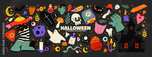Cartoon halloween stickers in 90s groovy style. mummy character, hat, cat, coffin, bat, ghost, pumpkin, etc. retro halloween elements 