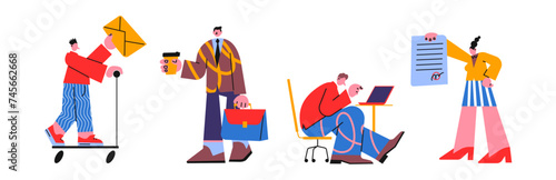 Cartoon characters office workers. Business team, men and women in business suits. Vector people mascots in retro groovy style