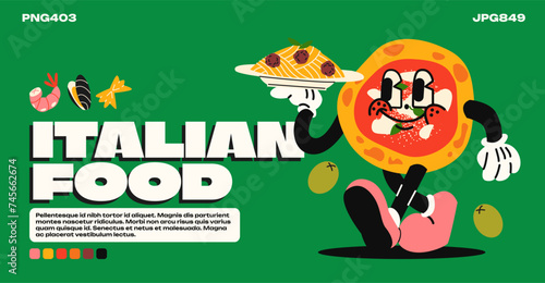 Cartoon mascot character pizza in retro 90s style. Italian food poster, Bolognese pasta, margherita pizza walking with gloved hands. Italian cuisine vector groovy banner