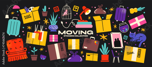 Moving stickers, cardboard boxes with things at home in cartoon retro style. Set of illustrations of moving, transporting things to a new home. Groovy stickers in vector hand drawn