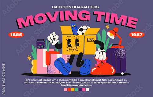 Cartoon character moving, cardboard boxes with things at home in retro style. Set of moving illustrations, type banner with mascot with gloved hands