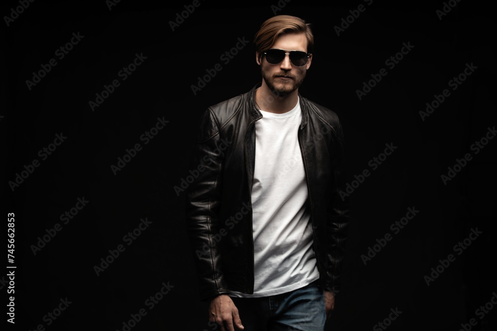 Fashion man, Handsome beauty male model portrait wear sunglasses and leather jacket, young guy over black background Fashion man, Handsome beauty male model portrait wear sunglasses and leather jacket, young guy over black background
