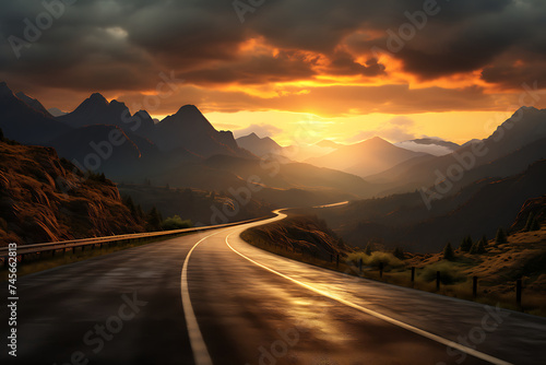 Road in the mountains at sunset. 3d rendering. Computer digital drawing.
