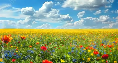Spring Symphony - A Meadow of Red Poppies and Yellow Rapeseed Bathed in Sunshine, Nature's Vibrant Overture. Made with Generative AI Technology