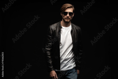 Fashion man, Handsome beauty male model portrait wear sunglasses and leather jacket, young guy over black background © opolja