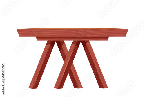 Picnic table wooden furniture, wood desk with leg, rustic construction isolated on white background. Comic wooden textured coffee table.