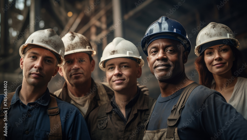 Group of happy smiling industrial workers posing. Selfie of a team of engineers and builders. Diverse and mixed group of sanitation workers working together as a united team Group of happy smiling industrial workers posing. Selfie of a team of engineers and builders. Diverse and mixed group of sanitation workers working together as a united team
