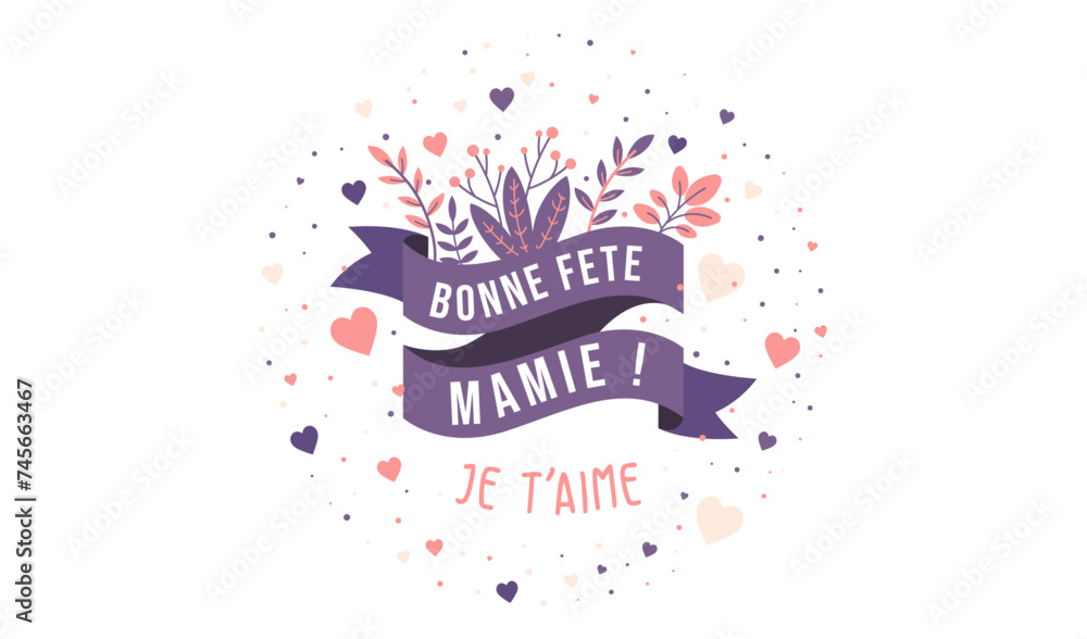 Bonne fête Mamie- Je t'aime - Bannière festive et colorée pour célébrer les Mamies - Cotillons, éléments végétaux, ruban et cœurs - Couleurs douces, violettes et roses - Univers poétique - Amour
Bonne fête Mamie- Je t'aime - Bannière festive et colorée pour célébrer les Mamies - Cotillons, éléments végétaux, ruban et cœurs - Couleurs douces, violettes et roses - Univers poétique - Amour