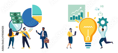 Vector illustration set. Team communication abstract concept. Business people. Meeting brainstorming, online meeting, corporate presentation, creative ideas and solutions, teamwork, abstract metaphors