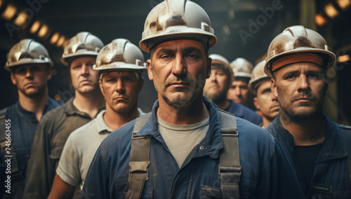Group of people wearing hard hats in industrial background, Workers gathering together. construction worker at construction site. Miners in dirty work clothing