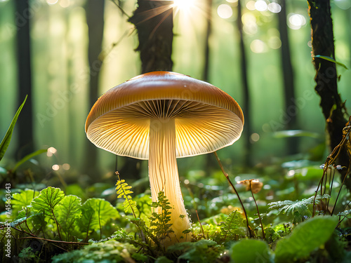 Mushroom in the forest at sunset. Beautiful nature background.