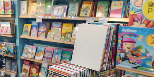 Shelves with Children's Books in a Bookstore Mock Up. Suitable for book sale project. photo