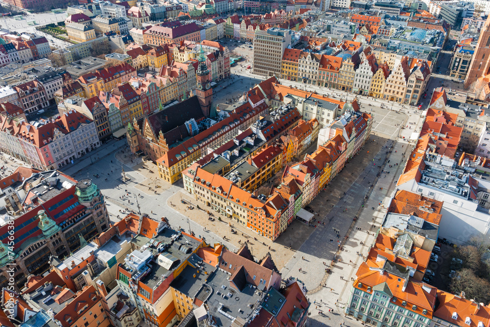 Aerial panoramic view of Wroclaw Market Square. Wroclaw, Poland, Europe
