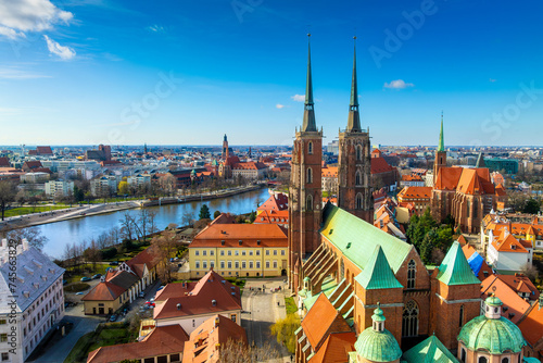 Panoramic view of the Old Town of Wroclaw with St. John's Cathedral and the Odra River. Wroclaw, Poland