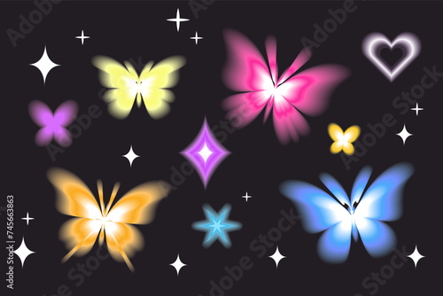 Aura butterfly y2k futuristic aesthetic figure collection, neon abstract blurry shapes isolated on dark background.