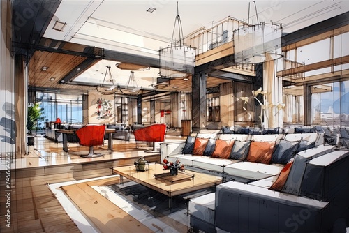 Interior design of a luxury living room. Sketch drawing, blueprint design. Ai Generative