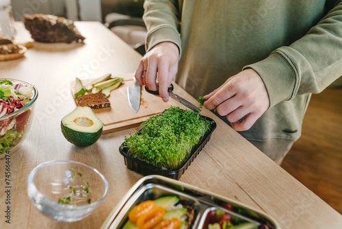 Man cutting microgreen with scissors for lunch boxes photo