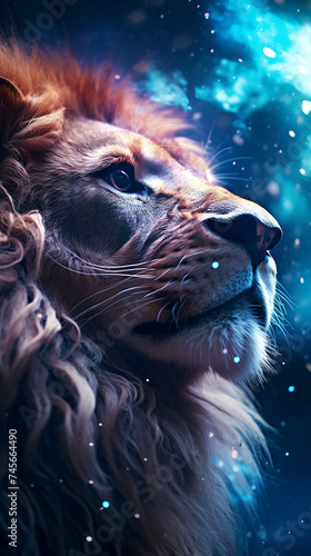 Portrait of a beautiful lion in cosmic space. Animal portrait