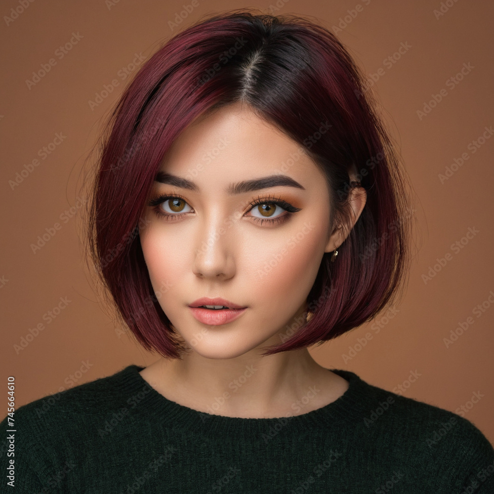 poster of a girl with red shinning short haircut style for beauty product ads, girl with makeup and side short cut hair style poster of a girl with red shinning short haircut style for beauty product ads, girl with makeup and side short cut hair style