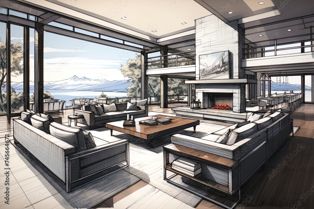 Interior design of a luxury living room. Sketch drawing, blueprint ...