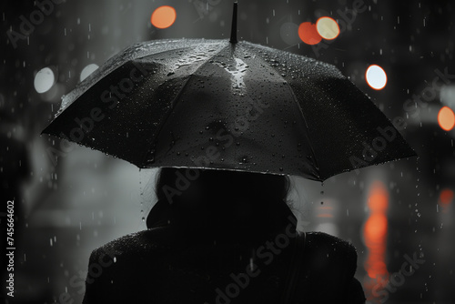 Back view of a girl walking under an umbrella in the rain on a street of a night city