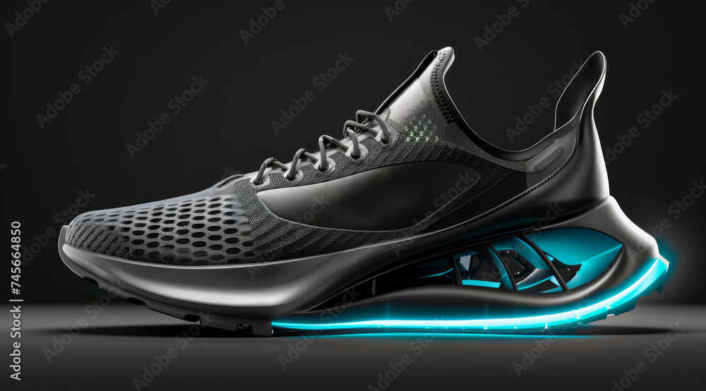 Sneakers, design or sport shoes on a black backdrop for gym workout, fitness and running. Modern design, futuristic and shoe technology for tracking heart rate, pulse and advertisement mockup Sneakers, design or sport shoes on a black backdrop for gym workout, fitness and running. Modern design, futuristic and shoe technology for tracking heart rate, pulse and advertisement mockup