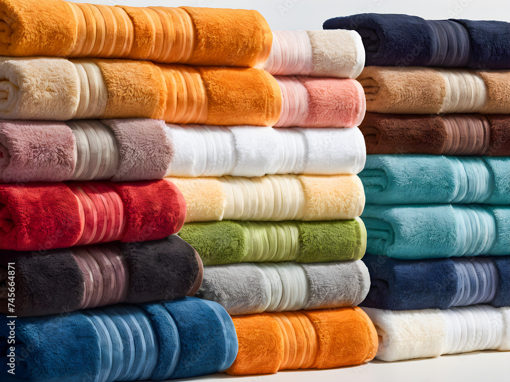Colorful towels stacked on a white background. Close-up. Colorful towels stacked on a white background. Close-up.