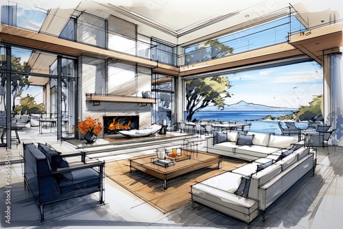 Interior design of a luxury living room. Sketch drawing, blueprint design. Ai Generative