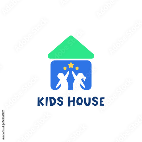 Kids House Logo With Negative Space of a Boy and Girl in the Center of the House With Hands Reaching for the Stars