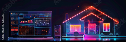 Neon Smart Home Control Concept. Futuristic depiction of a neon-lit smart home with glowing gadgets on a dark backdrop.