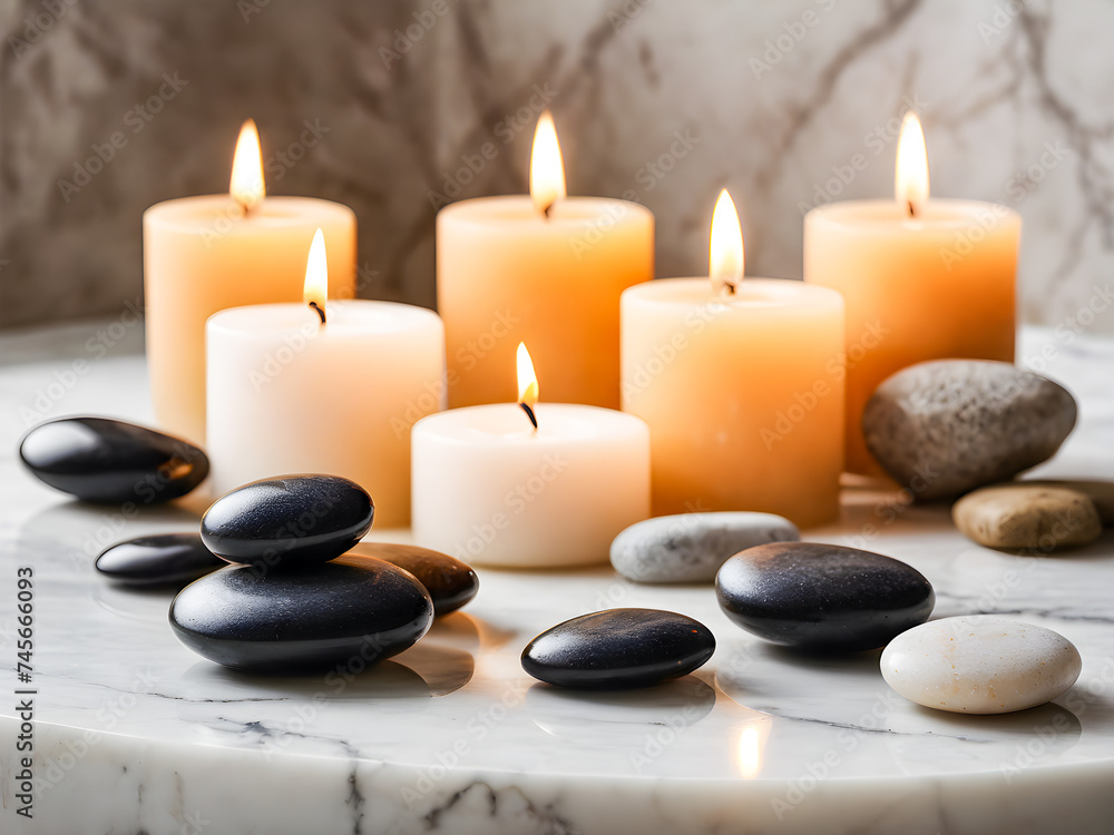 Spa stones with burning candlesle background. Zen lifestyle. Spa stones with burning candlesle background. Zen lifestyle.