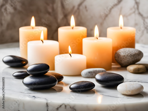 Spa stones with burning candlesle background. Zen lifestyle.