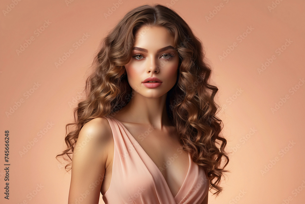 A young woman with voluminous curls and soft makeup is wearing a chic peach dress against a peach background A young woman with voluminous curls and soft makeup is wearing a chic peach dress against a peach background