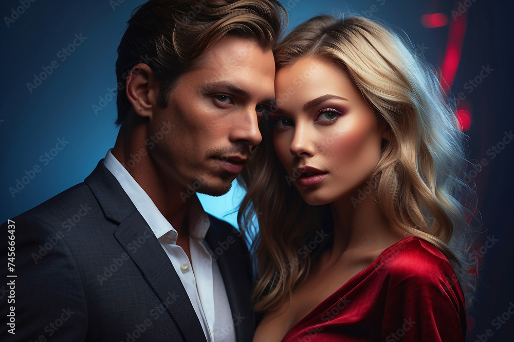 An intense portrait with a man and woman illustrating passion and drama against a moody backdrop An intense portrait with a man and woman illustrating passion and drama against a moody backdrop